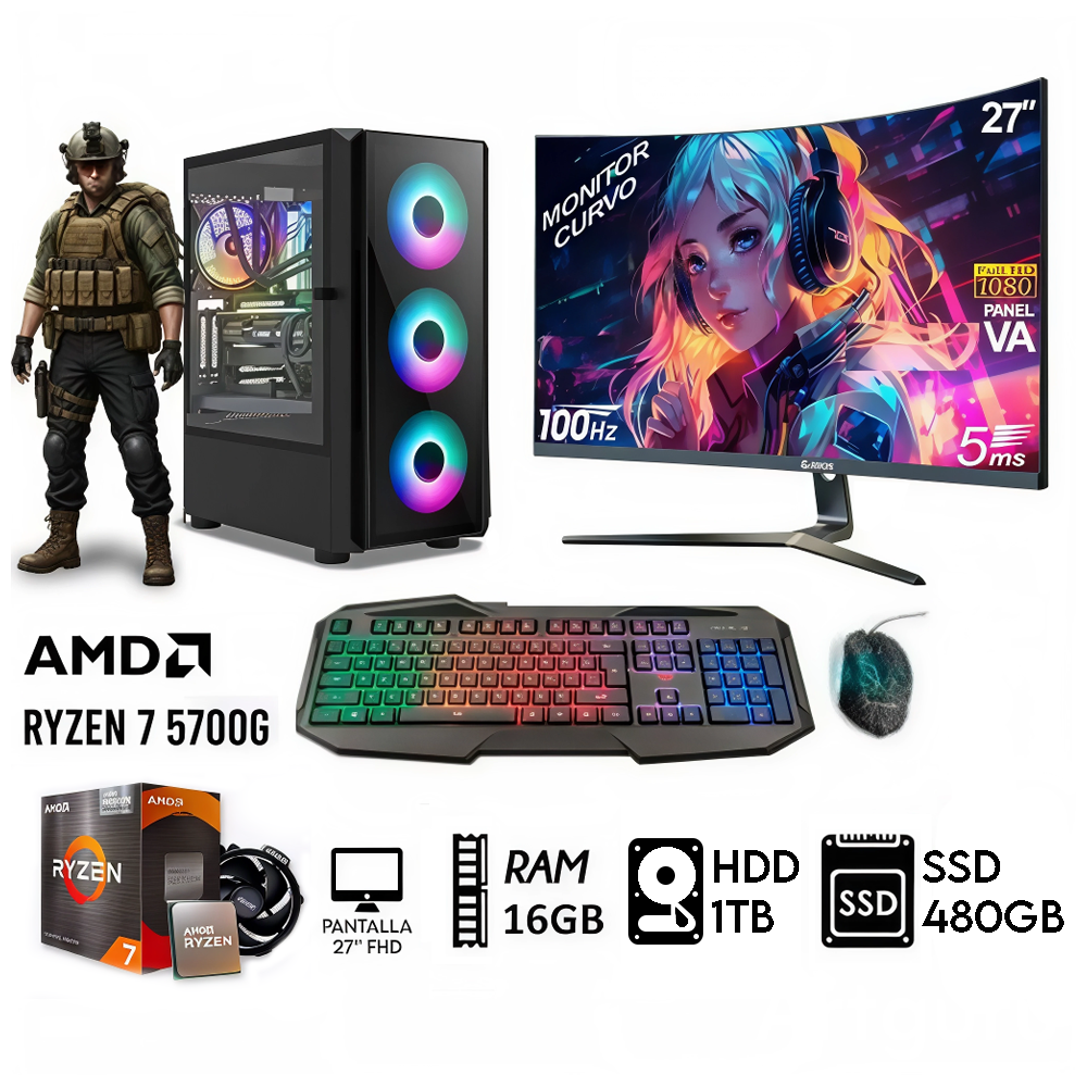 Computadora PC GAMER RYZEN 7-5700G RAM 16GB DISCO 1TB+SSD 480GB MONITOR 27” FHD Computadora PC GAMER RYZEN 7-5700G RAM 16GB DISCO 1TB+SSD 480GB MONITOR 27” FHD