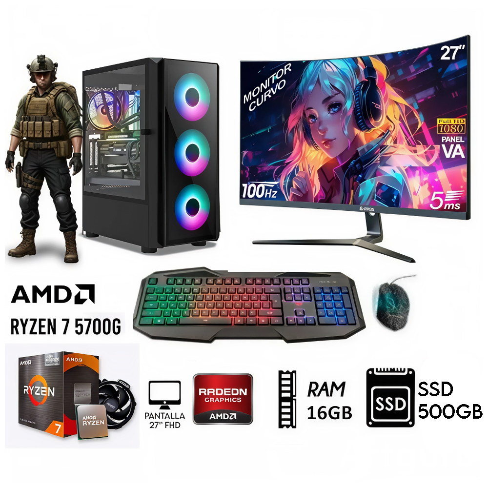 Computadora PC GAMER RYZEN 7-5700G RAM 16GB DISCO SSD 500GB MONITOR 27” FHD Computadora PC GAMER RYZEN 7-5700G RAM 16GB DISCO SSD 500GB MONITOR 27” FHD